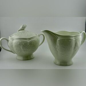 Lenox Butterfly Meadow sugar bowl with lid and creamer in mint green porcelain.